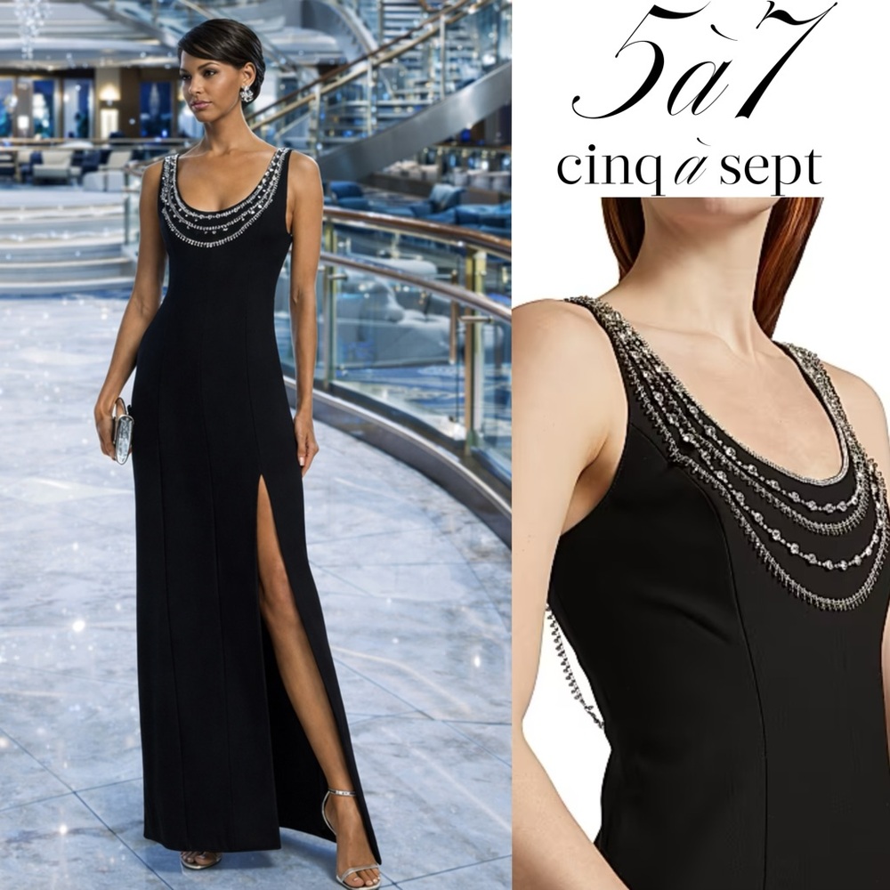 Stunner! Cinq à Sept April bead layered necklace detail scoop neck Black gown 0